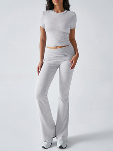 Ensemble de vêtements de yoga 2 pièces pour femmes, t-shirt à manches courtes, pantalon de yoga évasé, vêtements de sport pour femmes, été - Product Image 3