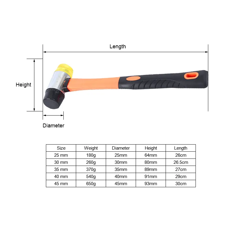 6 Oz 8 Oz 10 Oz 12 Oz 18 Oz 24 Oz 32 Oz Maillet en caoutchouc Marteau souple double face avec manche en fibre de verre Marteau en caoutchouc