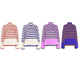 Maglione Lavorato a Maglia con Motivo Personalizzato per <span class=keywords><strong>Donna</strong></span> Pullover Maglieria Invernale Oversize in <span class=keywords><strong>Cotone</strong></span> a Righe con Collo Alto - Product Image 1