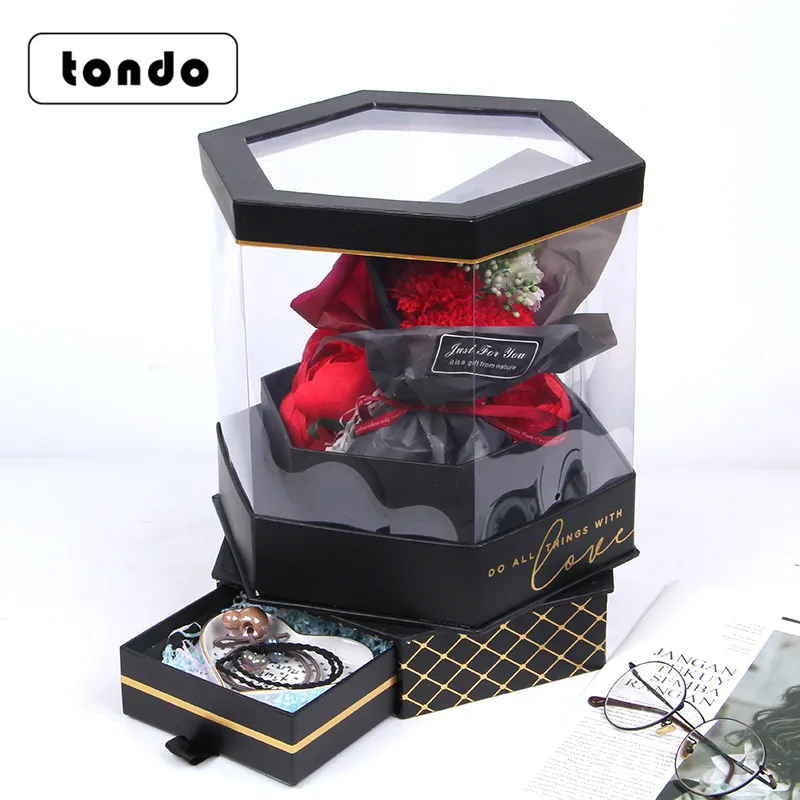 Tondo double-layer rotating hexagon-shaped Valentine's Day PVC transparent luxury flower gift box with drawer