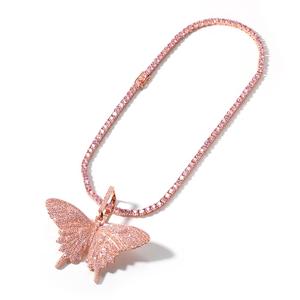 Collier papillon rose personnalisé pour femmes, <span class=keywords><strong>pendentif</strong></span> de grande taille avec chaîne cubaine Bling pour rappeur, bijoux - Product Image 3