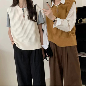 เสื้อกั๊กถักไหมพรมคอวี แขนกุด สีพื้น เนื้อผ้านุ่มบาง ซิปครึ่งตัว สไตล์เรโทร สำหรับผู้หญิง ฤดูใบไม้ผลิ ฤดูร้อน - Product Image 1