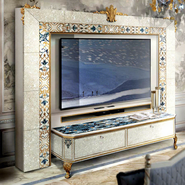 High-End Royal French Rococo Shell Inlay TV Unit Set Villa Living Room with Wall Frame & Stand