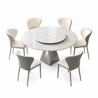 7-delige moderne commerciële eettafelset met kristallen stenen tafel, draaibare dienblad, 6 gestoffeerde stoelen, onderstel van carbonstaal, duurzaam en makkelijk schoon te maken