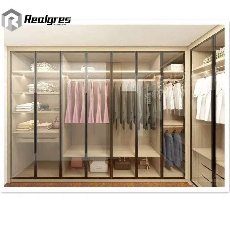 Realgres Volledig Geassembleerde Woonkamer Houten Kledingkast Modulaire Kasten Systemen Moderne High-End Grote Led Licht Walk In Closet