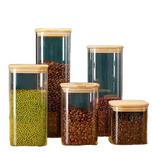 Modern Square High Borosilicate Glass Food/Spice/Coffee Storage Jar Container Set Bamboo Lids Microwaveable for Kitchen Camping