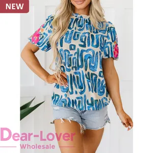 Dear-Lover OEM ODM Private Label Wholesale Fashion Summer Embroidered Puff Sleeve Printed Blouse Tops For Women 2024