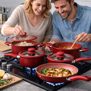 High Quality <b>Ceramic</b> Coated <b>Pot</b> Pan Silicone Glass Lids Soft Touch Handle Non Stick 9 Piece Forged Aluminium Cookware Set - Product Image 6