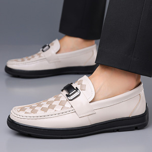 Mocassins en cuir véritable à bout rond, à enfiler, semelle souple en caoutchouc, boucle à carreaux, chaussures décontractées pour hommes toutes saisons - Product Image 4