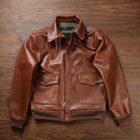 Blouson aviateur en cuir véritable marron pour homme, col rabattu décontracté, fermeture éclair, poches, vêtement d'automne