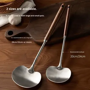 Cuillères à manche long en bois massif, résistantes aux hautes températures, en acier inoxydable de qualité alimentaire, pour la préparation culinaire et les soupes - Product Image 2