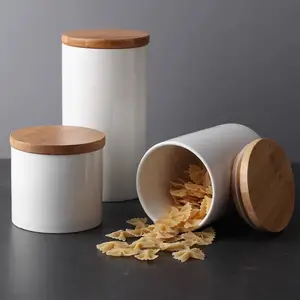 Оптовая продажа, белая керамическая кухонная канистра с бамбуковыми крышками, фарфоровые пищевые контейнеры
