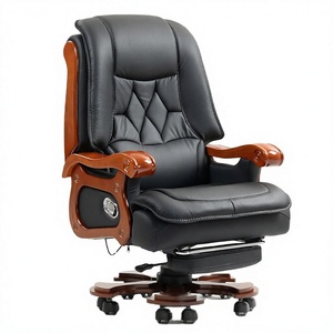 Traditional Commercial Genuine Cow <b>Leather</b> Executive <b>Office</b> <b>Chair</b> Wood Frame Built-In Headrest Open Back 9 Point Massage 360 - Product Image 4