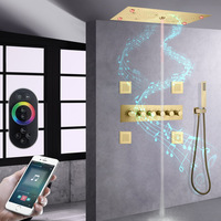 Luxe or brossé dissimuler douche système thermostatique en laiton pluie douche robinet ensemble salle de bain corps complet pluie LED ensemble de douche