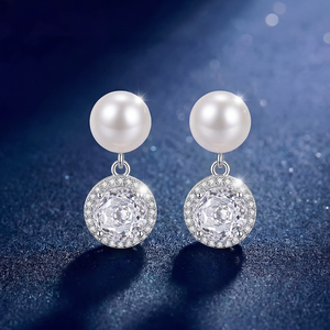 S925 <b>Silver</b> Freshwater Pearl Round CZ Halo <b>Dangle</b> <b>Earrings</b> Elegant Bridal Jewelry Gift for Women - Product Image 4