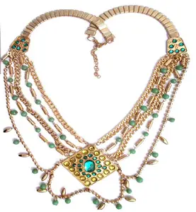 Rantai Berlapis Emas Manik-manik Kalung Perhiasan Kostum Laporan India Buatan Buatan Tangan Fashion Perhiasan NK-6420