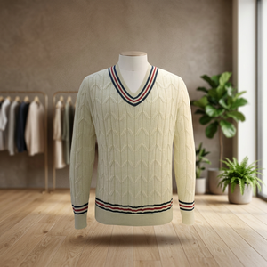 เสื้อสเวตเตอร์ถักลายเคเบิ้ลคอวีสีครีมสำหรับผู้ชาย แขนยาว ลายเรขาคณิต เสื้อพูลโอเวอร์สำหรับใส่ในฤดูใบไม้ร่วง - Product Image 3