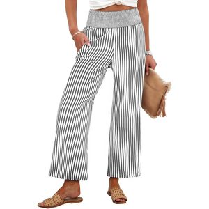 ANRABESS Pantalon palazzo rayé à jambes larges pour femme, en coton et fibre de bambou, respirant, avec poches, décontracté, pour la détente, bas de pyjama court - Product Image 1