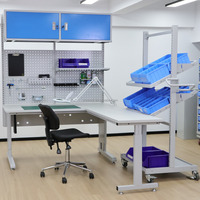 Banc de travail d'angle ESD en acier réglable en hauteur avec éclairage LED, rail d'alimentation, rangement d'outils, pour la production et la réparation de circuits imprimés, fabricant OEM