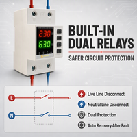 Protecteur de tension monophasé réglable 63A 220V avec récupération automatique, protection contre les surtensions/sous-tensions, montage sur rail DIN