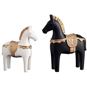 Ornement de cheval de style chinois en résine, artisanat décoratif noir et blanc, lot de 2 pièces, décoration pour salon, entrée, bureau, salle d'étude - Product Image 5