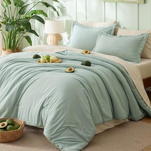 Ensemble de couette Queen, vert sauge, 3 pièces, couettes légères, taille Queen, ensembles de literie unie, couette - Product Image 1