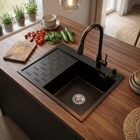 Évier de cuisine rectangulaire multifonctionnel en acier inoxydable 304, fait main, avec passoire intégrée et robinet, pour installation sous plan, style ferme