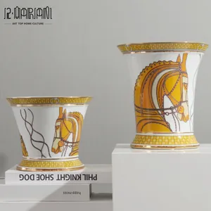 High-End Horse Pattern Decoration European Ceramic Gold Luxury Flower Vase