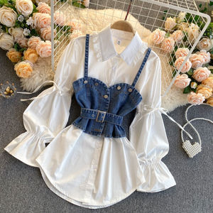 Venta al por mayor <span class=keywords><strong>de</strong></span> blusa <span class=keywords><strong>de</strong></span> <span class=keywords><strong>moda</strong></span> <span class=keywords><strong>de</strong></span> talla grande ropa <span class=keywords><strong>de</strong></span> mujer nueva manga <span class=keywords><strong>de</strong></span> burbuja <span class=keywords><strong>de</strong></span> mezclilla correa <span class=keywords><strong>de</strong></span> dos piezas conjunto superior - Product Image 1