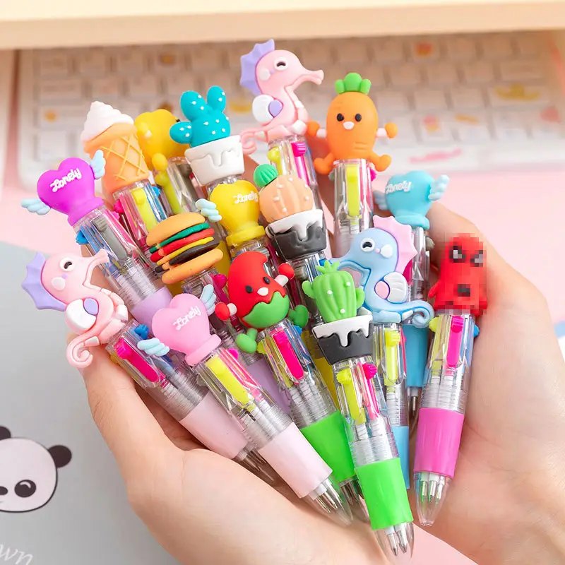 Cute Cartoon 4 Color in 1 Mini Ballpoint Pen Kawaii food Animal fruit Retractable Pen Stationery Gift School Office Supplies