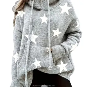 Custom Casual with Drawstring and Pockets Plus Size Star Printed Hooded Women's Sweater Casual Cozy Women's Clothing