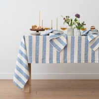 Nappe en lin rayée bleu et blanc, style rustique, en coton lavé, pour salle à manger, mariage, cuisine, personnalisable