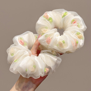 Elastico per capelli in chiffon con fiore grande in rete, accessorio per <span class=keywords><strong>acconciature</strong></span> primaverili ed estive, elastico per chignon fresco per ragazze - Product Image 1