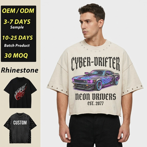 เสื้อยืดโอเวอร์ไซส์ OEM ผ้าคอตตอนหนา 300GSM ทรงครอป บ็อกซี่  ตกแต่งด้วยคริสตัลวิบวับ  ลายกราฟิก  เสื้อยืดผู้ชาย - Product Image 1