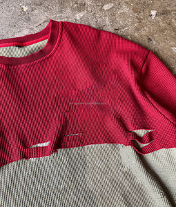 T-shirts à manches longues double couche en coton gaufré, coupe délavée, ourlet brut, effet vieilli, pour hommes - Product Image 3