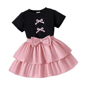 Conjunto de Verano para Niña Estilo Europeo y Americano, Camiseta de Algodón <span class=keywords><strong>con</strong></span> Estampado de Lazo y Manga Corta Negra y Vestido Tutú <span class=keywords><strong>con</strong></span> Volantes - Product Image 5