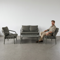 Ensemble de conversation extérieur moderne en aluminium vert foncé, canapé 2 places + 2 fauteuils individuels + table basse à lattes, résistant à l'eau