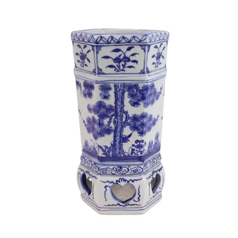 Vaso di fiori esagonale in ceramica cava con motivo a RZFH17-new di pino blu e bianco, bambù e prugna
