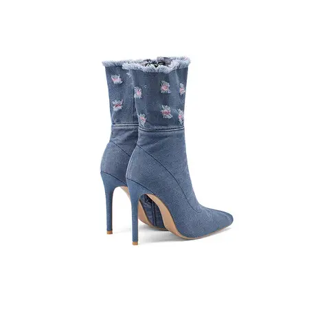 customized Luxury jean heels shoes women with holes fashion pointed high heels women's boots large denim heels for women