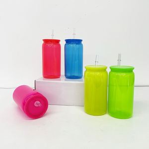 Custom Logo 16Oz Soda Neon Colored Plastic Can Acrylic <b>Cups</b> With <b>Lids</b> <b>and</b> <b>Straws</b> for Uv Dtf Wraps - Product Image 3
