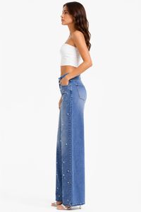 Jeans da Donna a Vita Alta e Gamba Larga con Ricami di Paillettes, Lunghezza Intera, Blu Stonewashed - Product Image 4