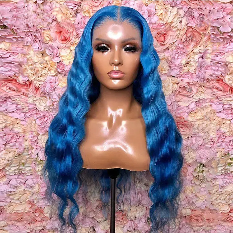 Perucas dianteiras de renda azul onda profunda prontas para enviar, perucas de cabelo humano frontal completo sem cola loira cor-de-rosa cinza para mulheres