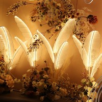 Support créatif de fleur de fond de scène de mariage de feuilles de bananier rougeoyantes acryliques avec des lumières de plume de LED