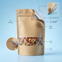 Pochette refermable mate résistante à l'humidité avec fenêtre transparente et encoche de déchirement pour le stockage d'aliments secs