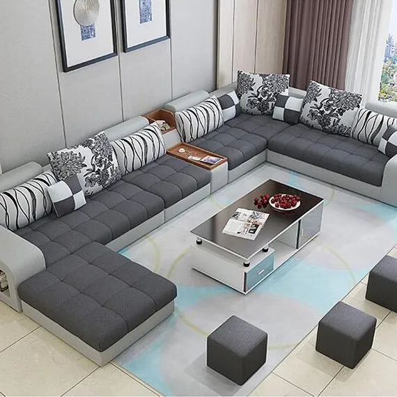Mobiliário moderno, venda quente da fábrica, sofá de sala de estar, conjunto de cama, sofá de tecido, forma u, sofá seccional, cama
