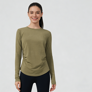 Camiseta Deportiva de Manga Larga para <span class=keywords><strong>Mujer</strong></span>, con Logotipo Personalizado, de Lana Merino, de Secado Rápido, Resistente a las Arrugas, Elástica en 4 Direcciones, Ajustada, para Pilates y Running - Product Image 1