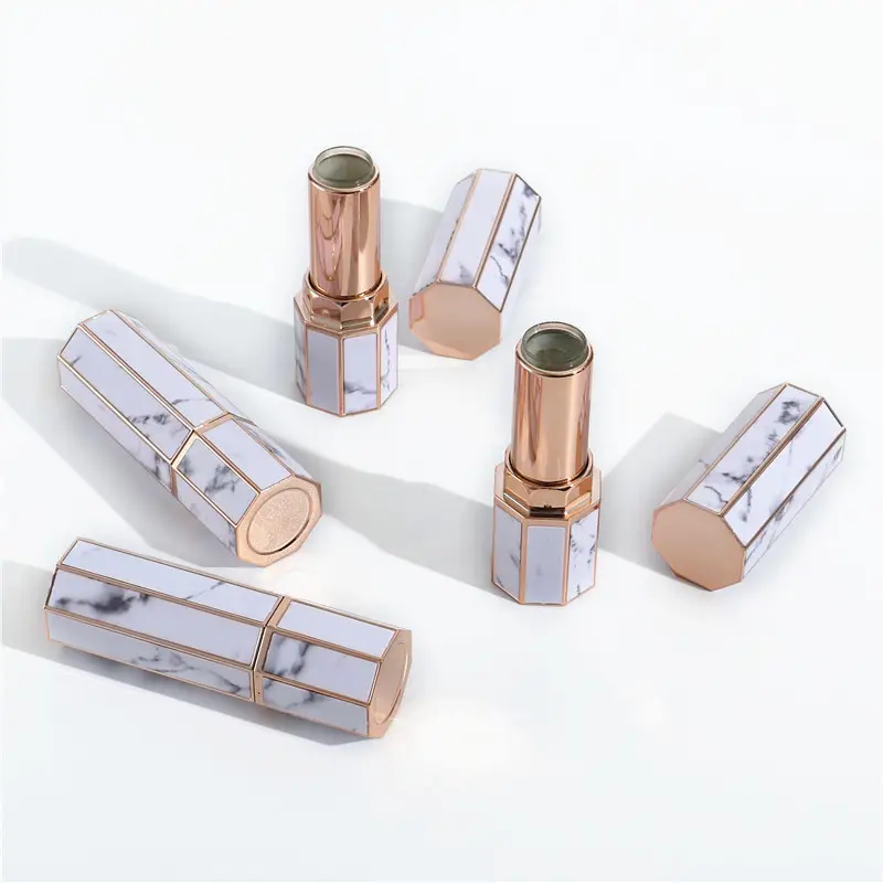 Low moq Luxury cosmetics packaging refillable octagonal marble lipstick tube square lip balm stick containers tube private logo