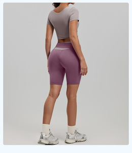 Shorts de yoga taille haute élastiques color-block pour femme, contrôle du ventre, écologiques, sport d'été, anti-transparence, couleur pêche, ODM - Product Image 4