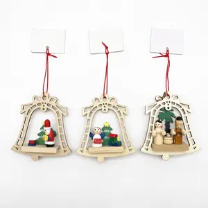 Wholesale Christmas Wooden Hanging Decoration Bell Shape Santa Angela Nativity Set For Christmas Tree Hanging Ornament