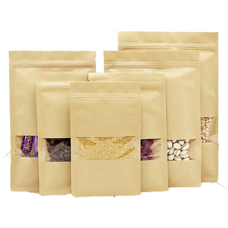 Kraft Paper Bag Manufacturer Stand up Brown Food Package Moisture Proof Brown Kraft Paper Bag for Food Nut Rice Tea Spices QJBZ